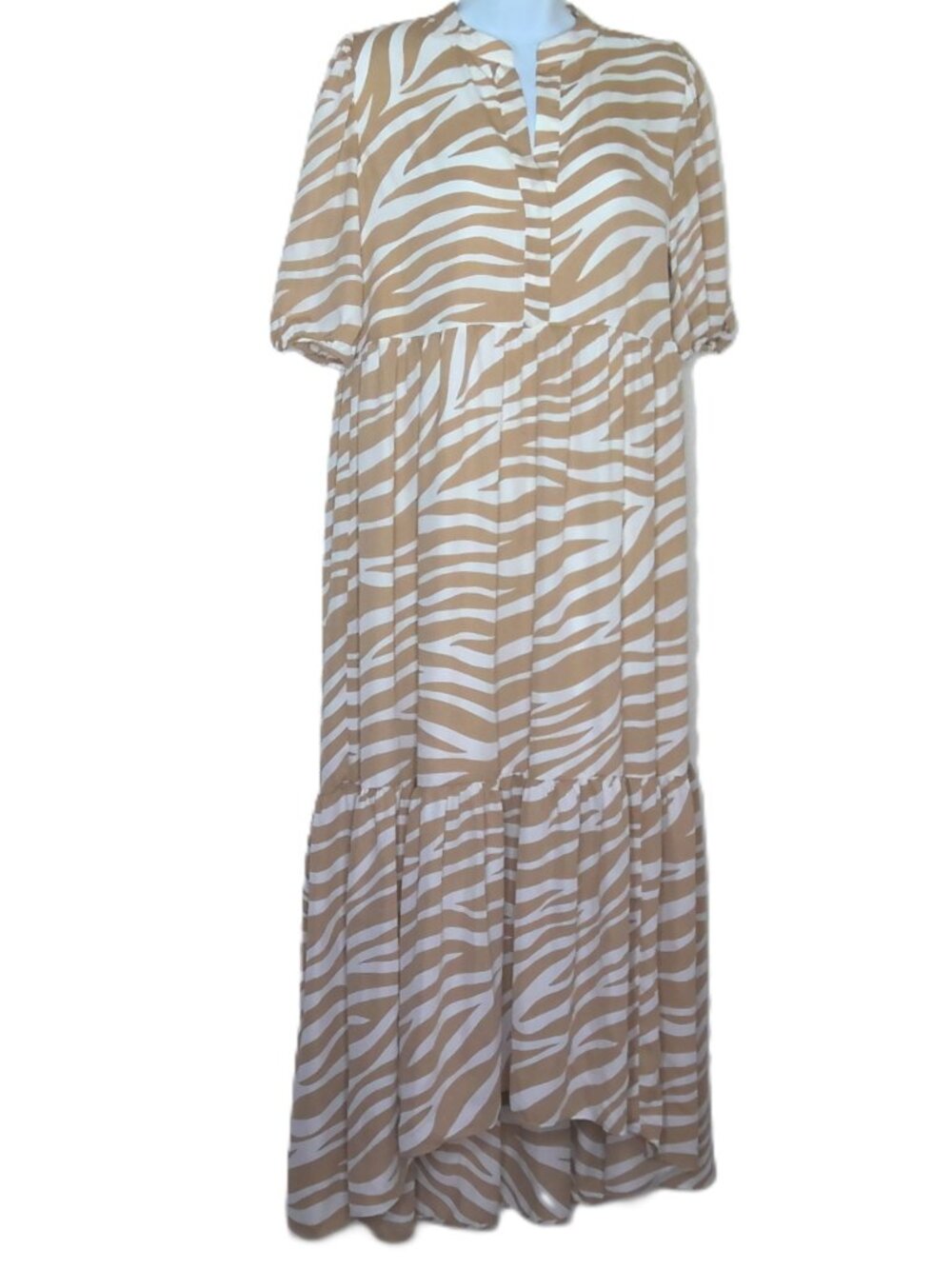 Ann Taylor Petite Babydoll Maxi Dress Ruffle Tan & Cream Zebra Flowy Lined Sz PS